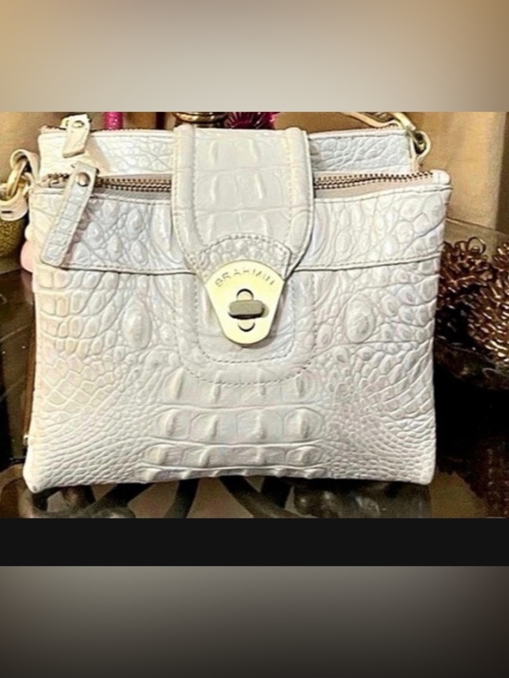 Brahmin Croc Embossed Leather Crossbody Bag in White
